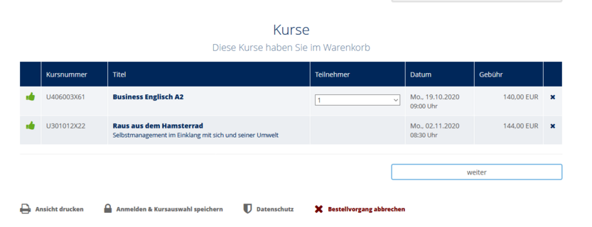 Übersicht Kurse im Warenkorb Übersicht Kurse im Warenkorb